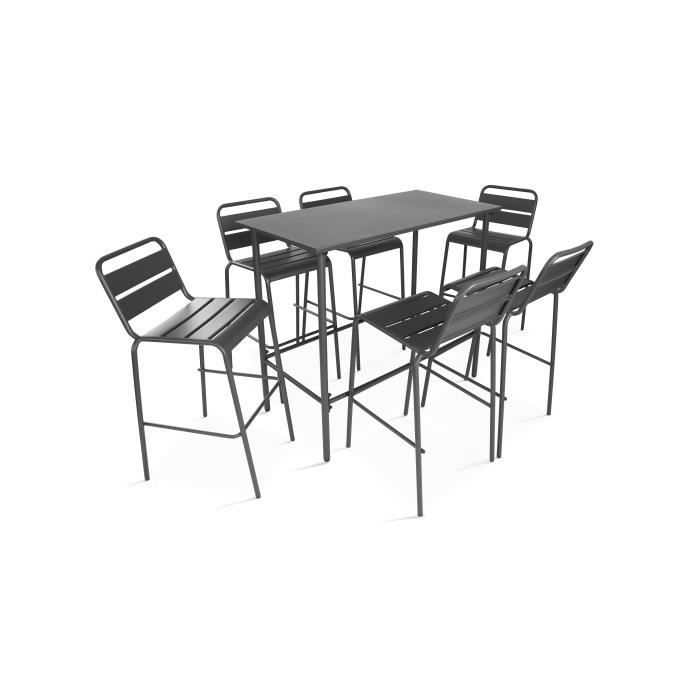 Ensemble repas haut, table haute et 6 tabourets en métal, Palavas Gris