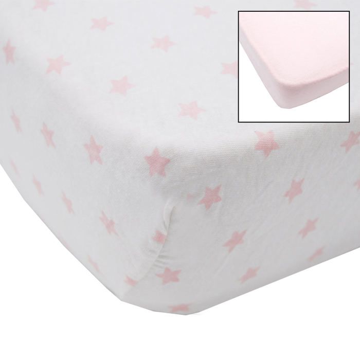 BABYCALIN Lot de 2 draps housse Jersey coton - Impression étoile rose et rose uni - 70 x 140 cm