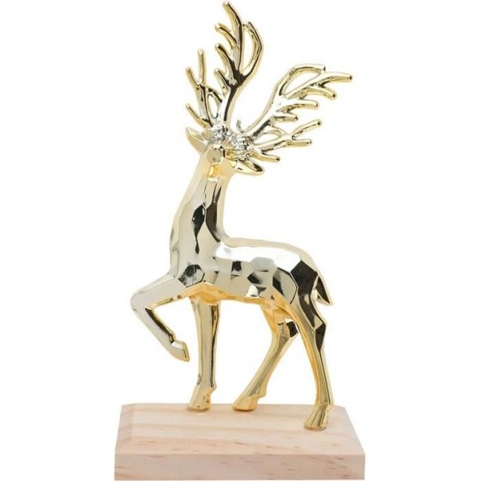 Décoration de Noël avec cerf doré métallique avec socle en bois 15.5cm (x1) REF/7499
