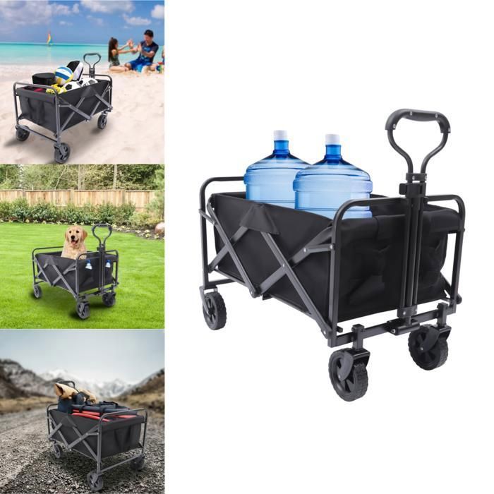 Chariot De Jardin Pliant 4 Roues – Utilitaire Extérieur Pour Plage, Camping – Noir Solide