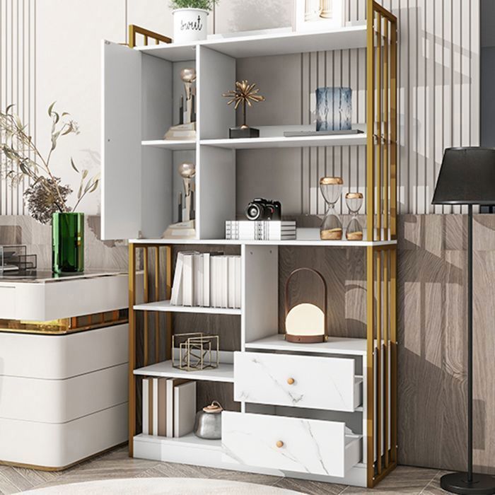 Bibliothèque Design-Armoire Contemporaine -Meuble de rangement-6 étagères1 portes2 troirs-100x30x173.5cm-Blanc+Doré