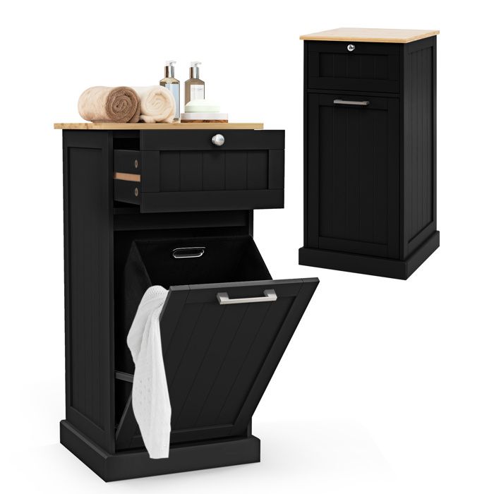 GOPLUS Armoire à Linge avec Panier Inclinable Détachable avec Tiroir pour Salle de Bain Chambre Buanderie Noir