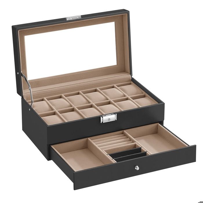 Boîte à Montre 12 Montres Verrouillable 1 Tiroir Idée Cadeau PU Noir Doublure en Beige Verdâtre