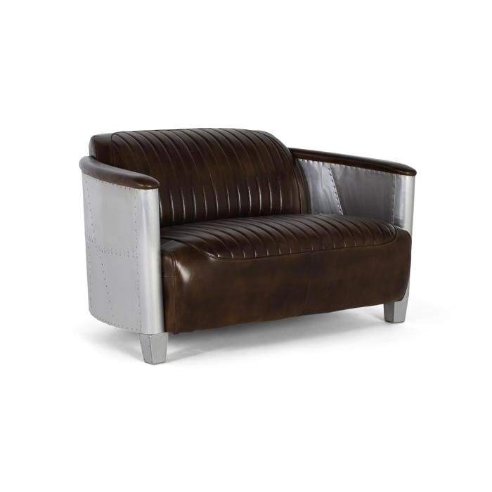 Canapé 2 places style aviateur - Cuir marron vieilli - Aluminium riveté - Industriel-rétro - 130x94x75 cm - Confortable