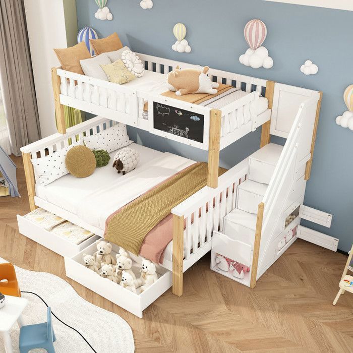 Lit superposé 3 places 90(140)*200cm Lit triple enfant avec 2 tiroirs et Escalier de rangementlit enfant avec sommier à lattes