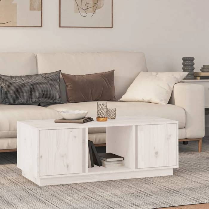 Table basse campagne rustique blanc en pin massif rangement intégré 110 x 50 x 40 cm table de salon avec rangement