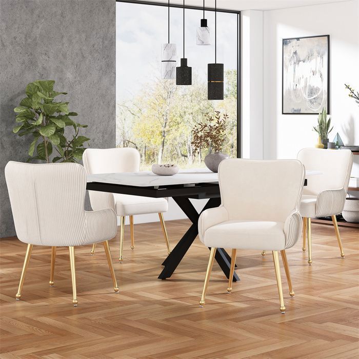 Chaises de salle à manger - Modèle Velours - Lot de 4 - Avec accoudoirs - Pieds métal doré