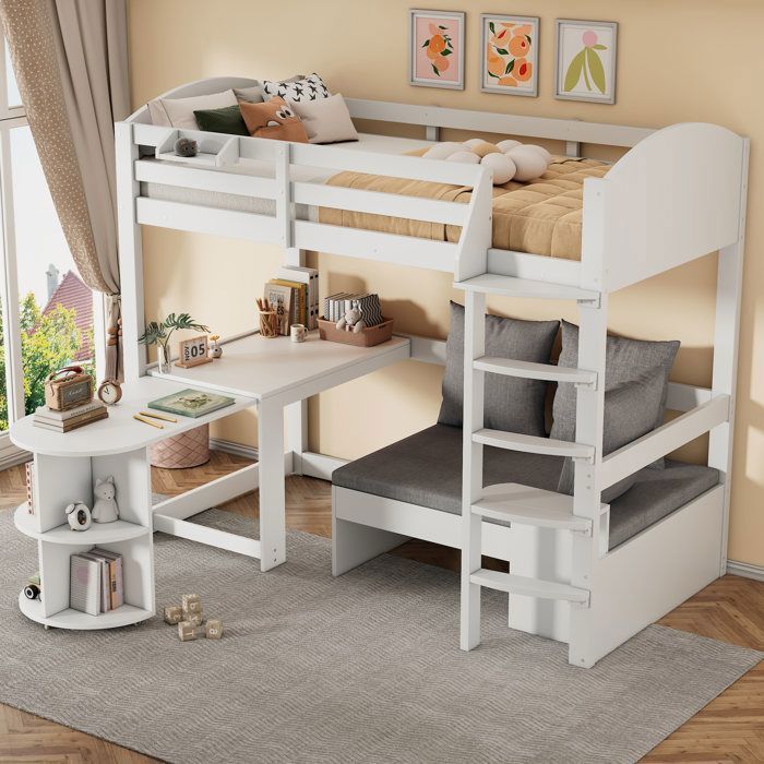 Lit Mezzanine Enfant - MERAX - 90x200 - Bureau Coulissant - Canapé de Rangement - Étagères Intégrées Lit Mezzanine Enfant - MERAX - 90x200 - Bureau Coulissant - Canapé de Rangement - Étagères Intégrées