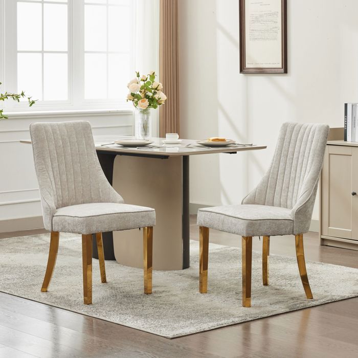 Lot de 2 Chaise de Cuisine Confortable Chaises de Salle à Manger en Tissu Rayonne Floqué Chenille pieds en Acier Inox doré Beige