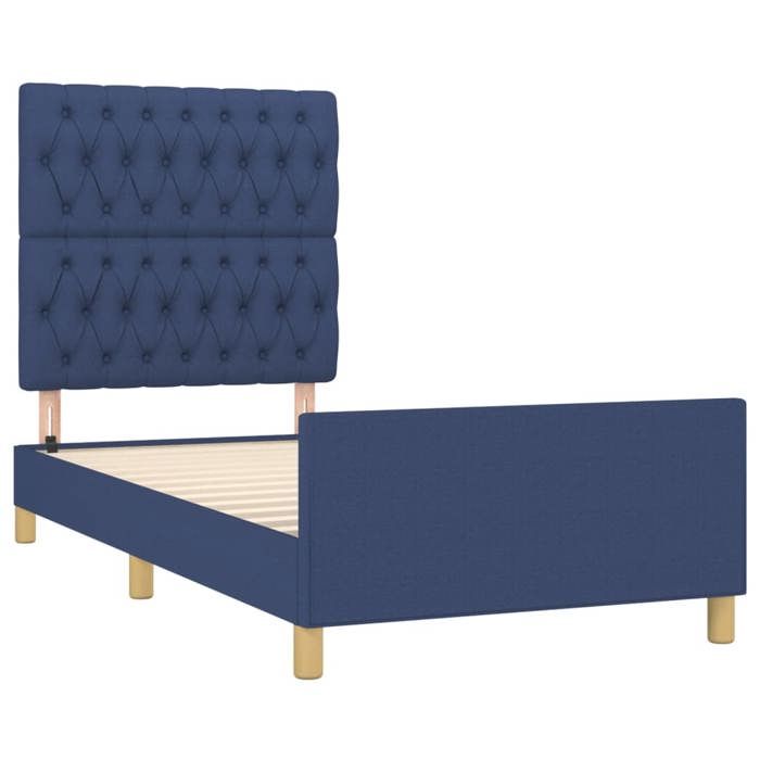 Structure de lit tissu - UU - Bleu - 90x190 cm - Tête de lit incluse - Hauteur réglable - Pieds robustes