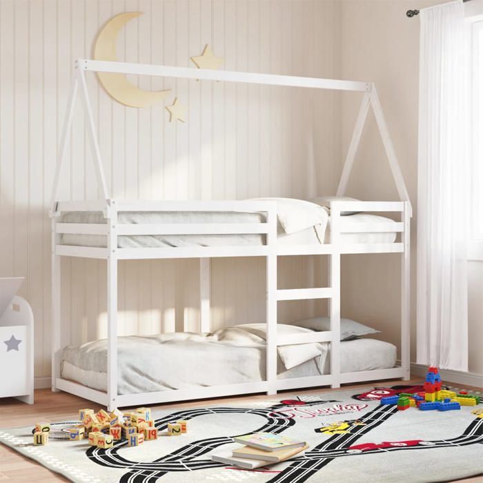 Lit superposé enfant avec toit - UU - Blanc - Bois de pin massif - 80x200 cm - 2055x855x112 cm - Garde-corps
