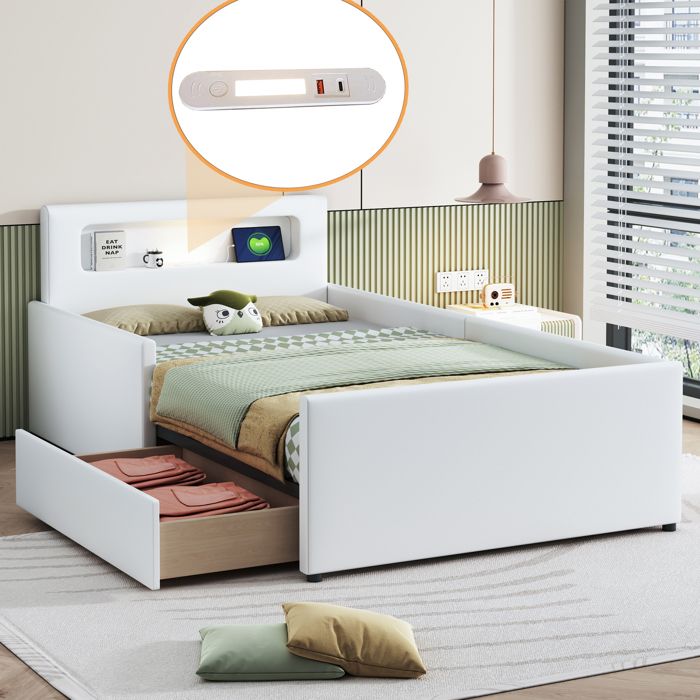Lit enfant 90x200 cm EVRYAE - avec port USB veilleuse LED et tiroirs de rangement côtés surélevés - Similicuir blanc