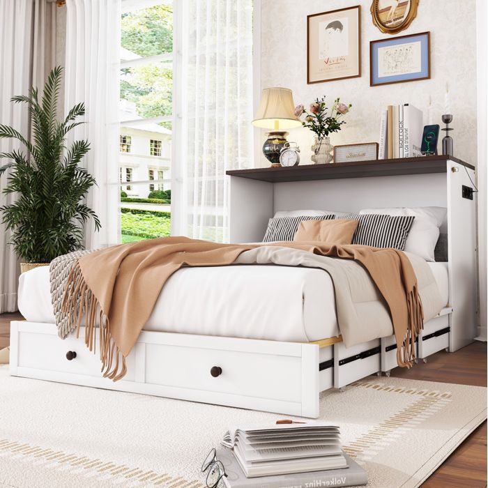 Lit enfant 140x200 cm lit escamotable avec tiroir port USB et prise pin MDF blanc Sans matelas
