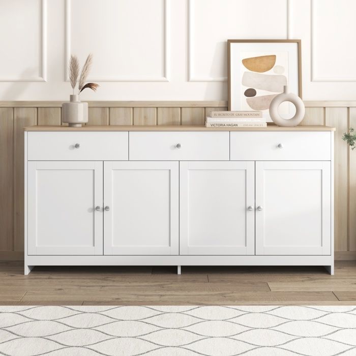 Buffet Bahut 160x37x75cm - Style Campagne Moderne avec 4 Portes et 3 Tiroirs - Plateau Effet Chêne et Corps Blanc