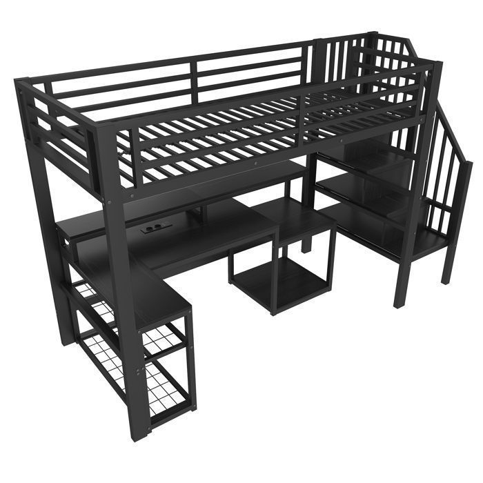 Lit Mezzanine 90x200 cm en Métal avec Bureau Angle étagères Escalier Rangement LED USB Sécurisé Noir pour Adoles