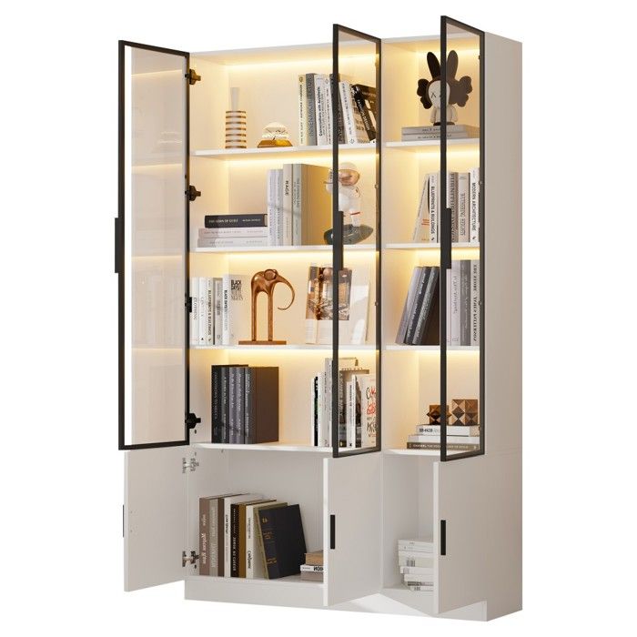 Vitrine-argentier 120x32x200cm Blanc 6 Portes Meuble Haut Avec Éclairage LED Vitrine En Verre Multifonctionnelle Pour Salon Vitrine-argentier 120x32x200cm Blanc 6 Portes Meuble Haut Avec Éclairage LED Vitrine En Verre Multifonctionnelle Pour Salon