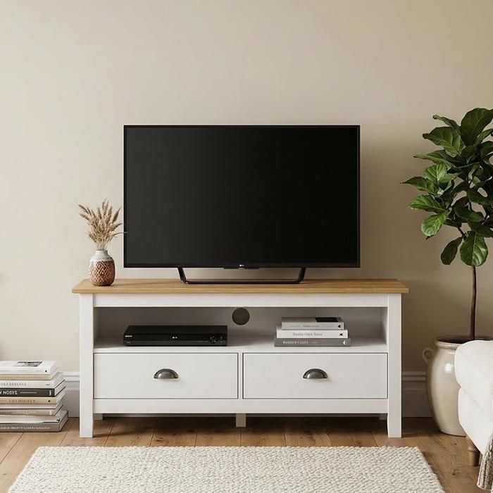 Meuble TV CAMPO L 110 cm avec 2 Tiroirs et 1 Niche en Bois Massif Couleur Blanc et Brun Style Campagne Pour Téléviseurs jusquà 47 Meuble TV CAMPO L 110 cm avec 2 Tiroirs et 1 Niche en Bois Massif Couleur Blanc et Brun Style Campagne Pour Téléviseurs jusquà 47