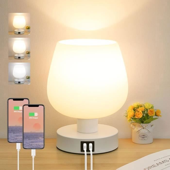 Lampe de Chevet Tactile - Blanc - Intensité Variable 3 Voies - 2 Ports USB - Ampoule LED Incluse