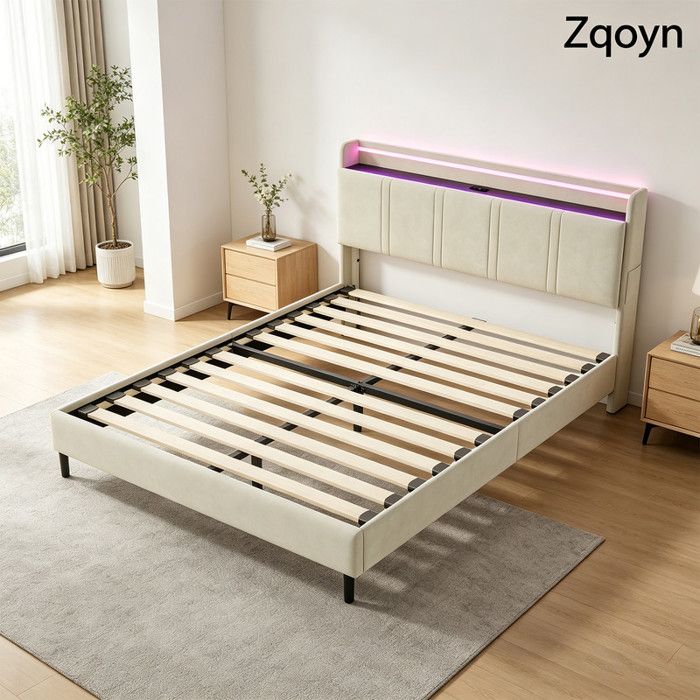 Lit Double 160x200 cm - Lit rembourré Lit double avec Sommier en Bois et Velours - USB Type-C Zqoyn