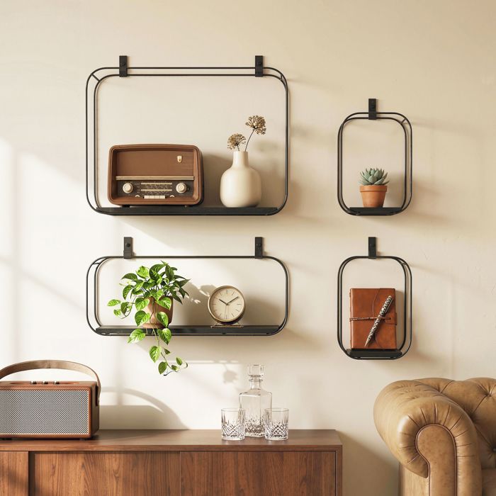 Lot de 4 étagères murales industrielles étagères flottantes géométriques en métal pour salon chambre et bureau noir