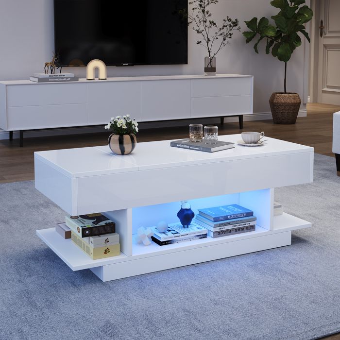 ELVMI Table basse relevable LED 98x45x40 cm hauteur réglable rangements cachés étagère ouverte finition brillante Blanc