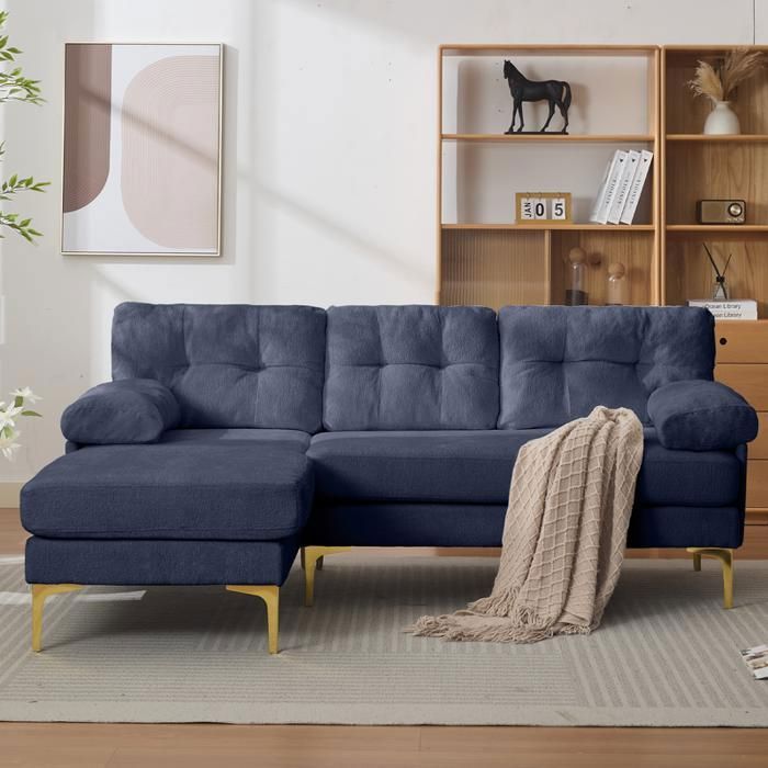 Canapé dangle 3 places chenille canapé modulable avec chaise longuepieds en métalaccoudoirs rembourrés Bleu 187.5X130X79cm