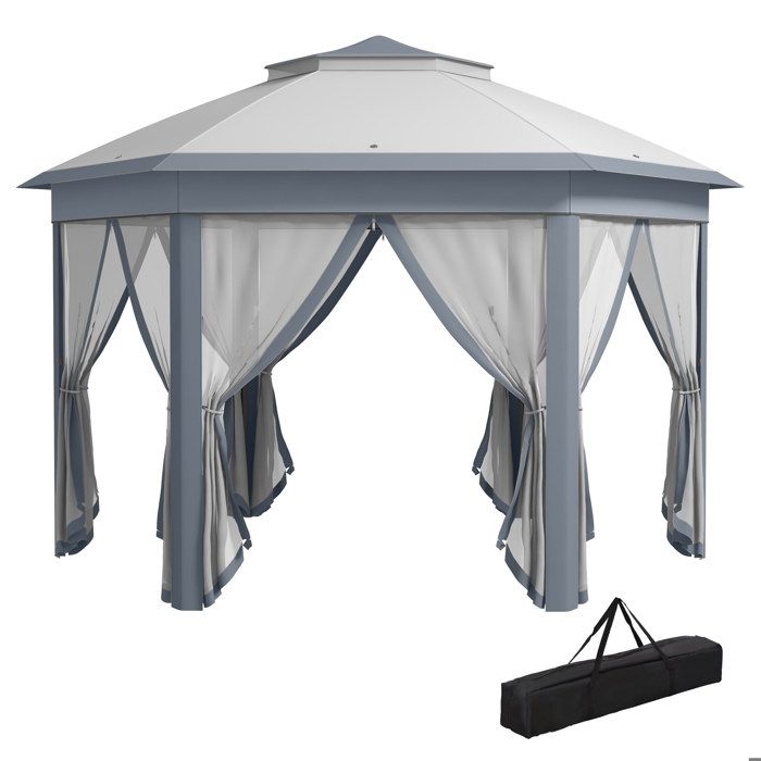 Pavillon hexagonal 4x4m gris-blanc parois filet ventilées. Tissu imperméable toit aéré structure stable.