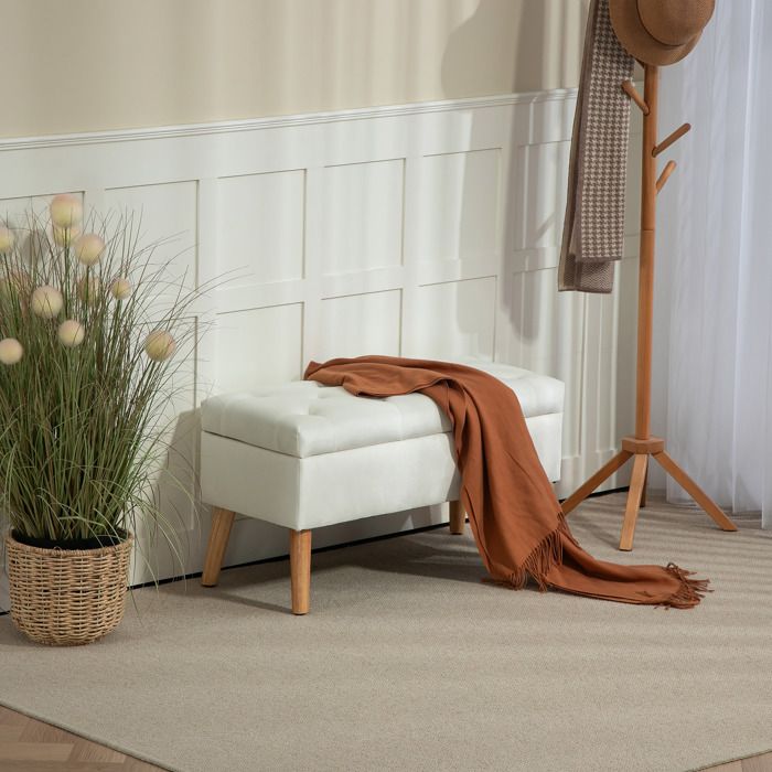 Banc coffre de rangement 80 x 35 x 42 cm blanc revêtement tissu aspect velours pieds en bois