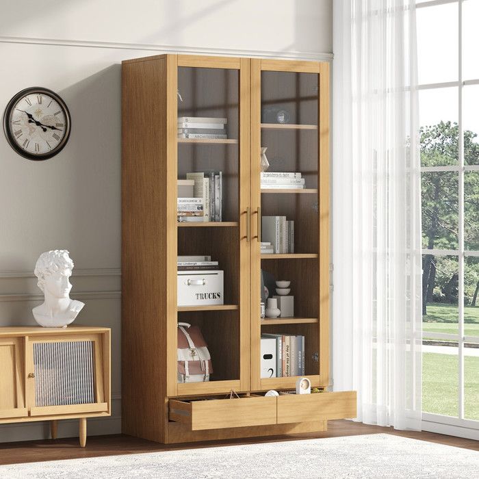 Vitrine en verre - étagère de rangement étagères décalées non réglables tiroirs Push-To-Open sans poignée 80x40x160 cm Couleur Bois