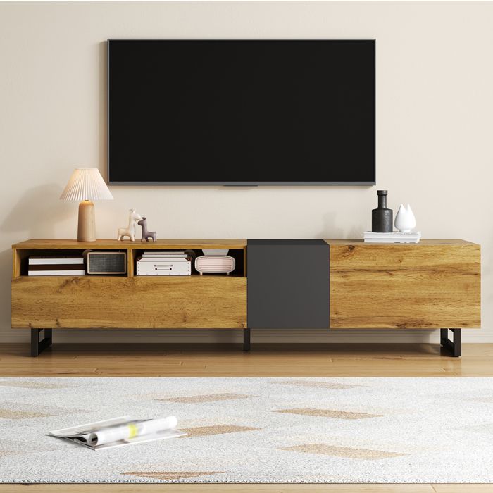 Meuble TV 170 Cm Aspect Bois Et Gris Foncé 3 Portes 2 Niches Ouvertes Pieds Métal En U Style Rétro Rangement Salon