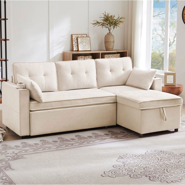 Canapé convertible d’angle 3 places en coton et lin beige avec rangement porte-gobelets et poches latérales