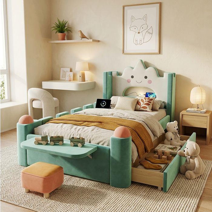 WUVRIE Lit enfant rembourré 90x200 cm tête de lit nuage LED USB rangement velours bleu-vert