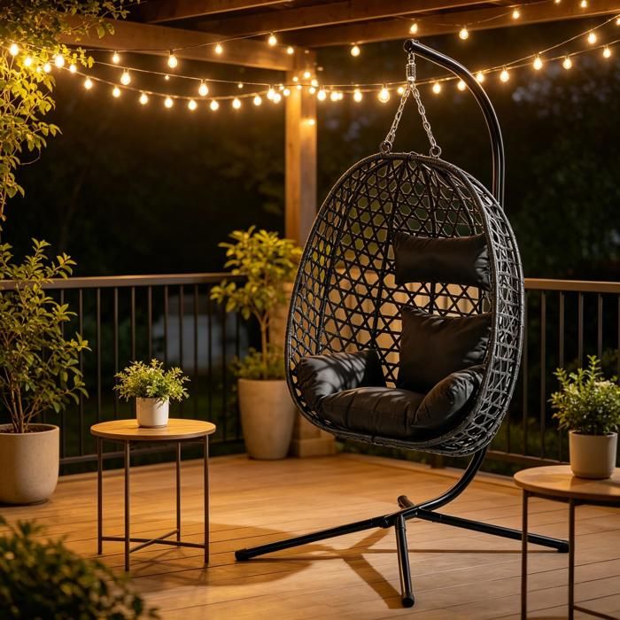 Fauteuil suspendu - Ovale rotin PE Anthracite - Structure acier galvanisé - Pivot 360° réglable - Coussin déhoussable