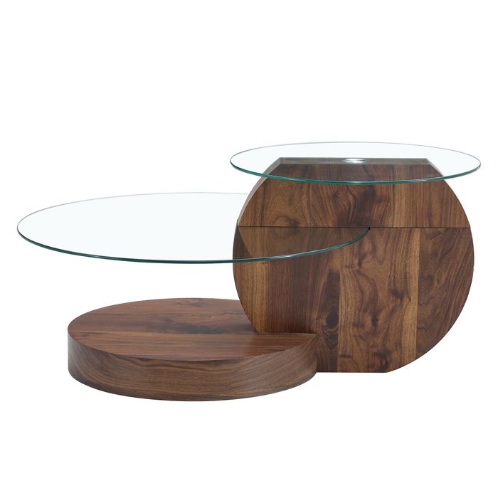 Table basse - FURNITURER - Design 90x70x44 cm - Double plateau en verre - Bois foncé - Rond Table basse - FURNITURER - Design 90x70x44 cm - Double plateau en verre - Bois foncé - Rond
