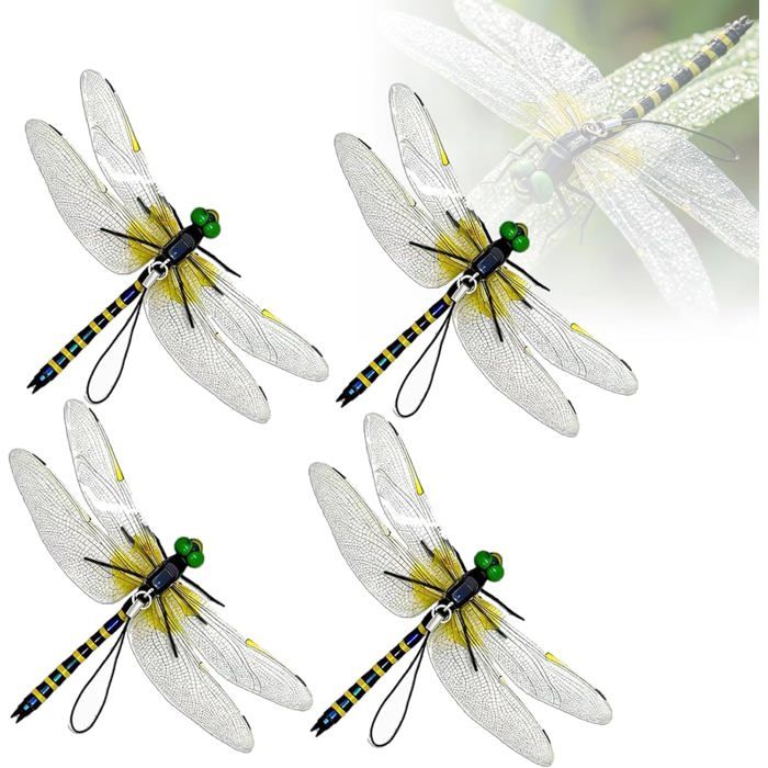 Lot de 4 Libellules 3D Réalistes pour Décoration Jardin Ornements Suspendus Durables Clip Chapeau et Porte-Clés Sac à Dos