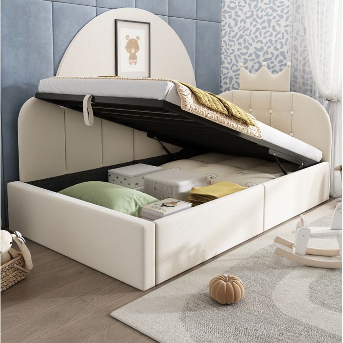 Lit banquette 1 place 90×200 cm coffre de rangement hydraulique et tête de lit couronne - MIVRAY - sans matelas velours beige