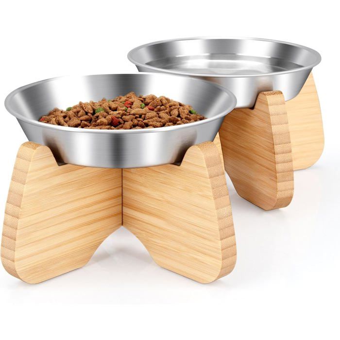 Gamelle Chat Plate Inox Surélevée Avec Bambou Support BoisDouble 2 Bols Assiette Chat Chien Lapin Antidérapante Pour Eau Et Nourr