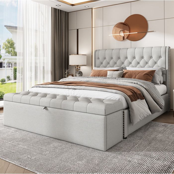Banquette coffre de rangement 141 x 41 5 x 42 cm gris clair en tissu aspect lin