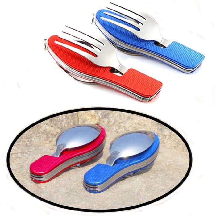 2Pcs 4 en 1 vaisselle de camping matériel de camping mis en acier inoxydable fourchette cuillère ensemble ouvre-bouteille camping co
