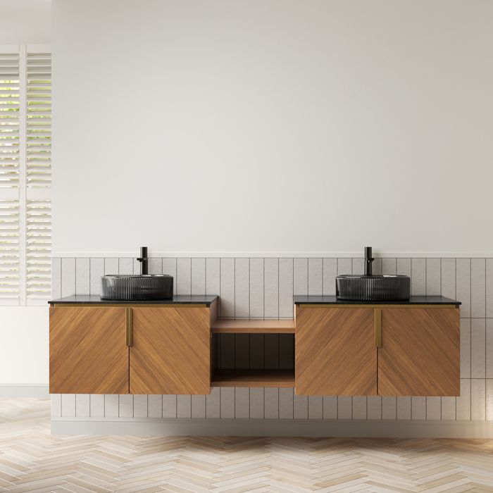 Meuble sous vasque double suspendu 192 cm avec 2 vasques en verre noir transparent pierre frittée noire 4 portes