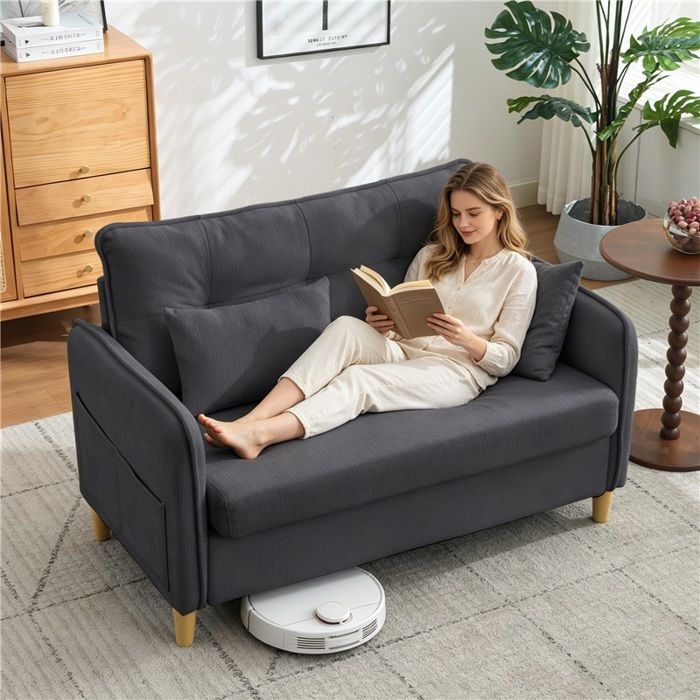 Canapé petit format 2 places 127 cm gris foncé – tissu chenille doux accoudoirs poches latérales montage simplifié Canapé petit format 2 places 127 cm gris foncé – tissu chenille doux accoudoirs poches latérales montage simplifié