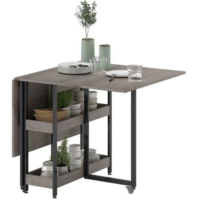 Table pliante de cuisine - Gris - 2 à 4 personnes - 2 rangements ouverts - 1334 x 80 x 75 cm