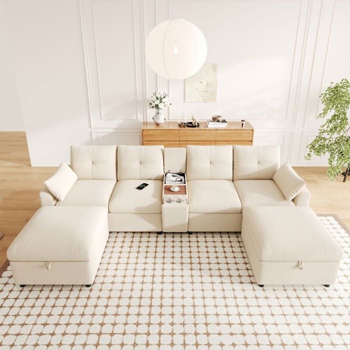 Canapé dAngle 6 Places Modulable Forme en U ou en L 2 Poufs de Rangement Console Centrale Tissu Chenille Beige Port USB-C