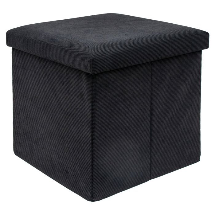 Pouf coffre de rangement pliable 38 x 38 x 38 cm noir - tabouret cube en tissu aspect velours côtelé repose-pieds avec couvercle