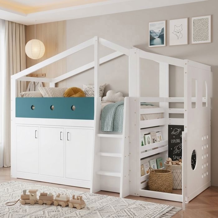 Lit mezzanine enfant 90x200 cm Lit cabane en bois style maison avec espace de jeu et 3 portes blanc