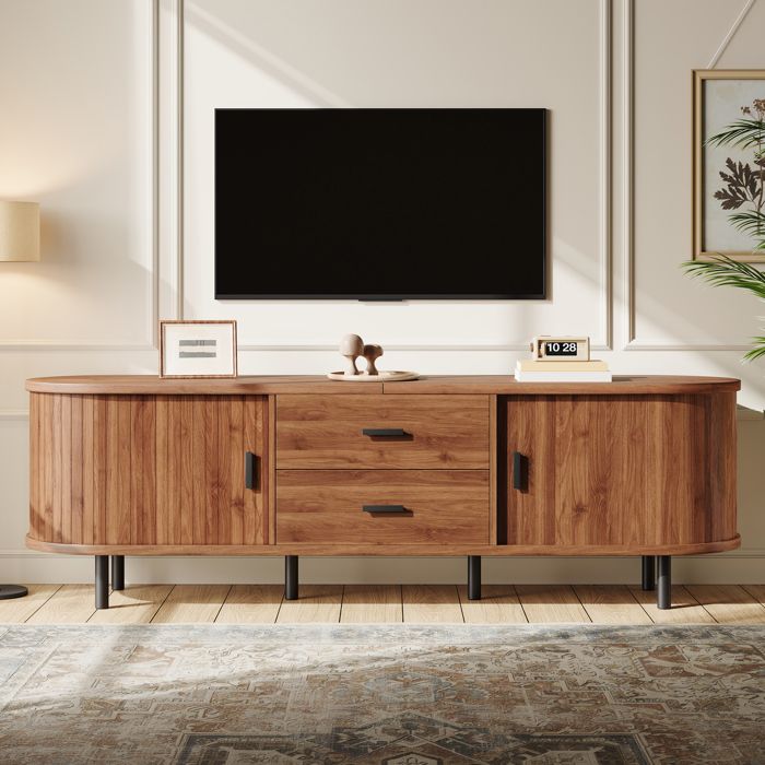 Meuble TV bas 160x40x55 cm 2 portes coulissantes à veinage vertical 2 tiroirs côtés arrondis MDF et aggloméré pieds métal noir