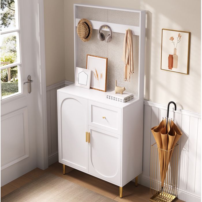 Meuble d’entrée blanc et or avec portes tiroir crochets et étagères réglables MDF VEVXYN