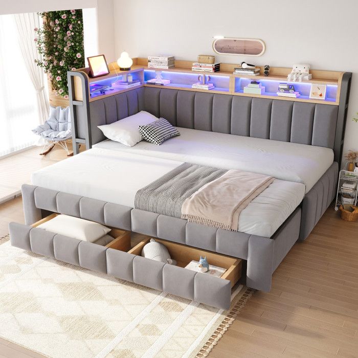 Canapé-lit - Velours gris clair 90x200 extensible 180x200 - LED & ports USB/Type-C - Rangements intégrés