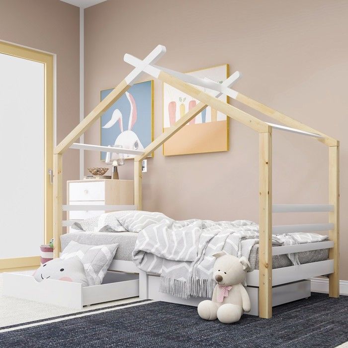 Lit enfant cabane blanc en bois massif - BLACKCOLOR - 90 x 200 cm - Tiroirs de rangement - Sommier à lattes inclus Lit enfant cabane blanc en bois massif - BLACKCOLOR - 90 x 200 cm - Tiroirs de rangement - Sommier à lattes inclus