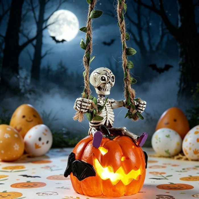 Figurine Halloween crâne et citrouille en résine - Décor de table - Accessoire de fête - Créatif - Original